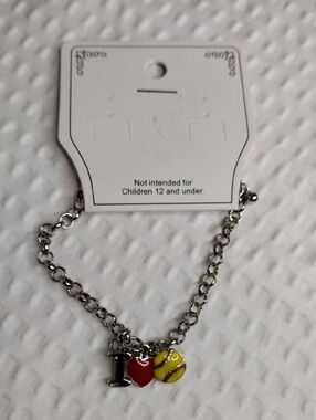 I Heart Softball Charm Bracelet - Silver Tone with Red & Yellow Charms